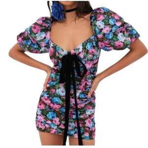 BNWT For Love And Lemons Marley Puff Sleeve Bows Floral Pink Blue Mini Dress